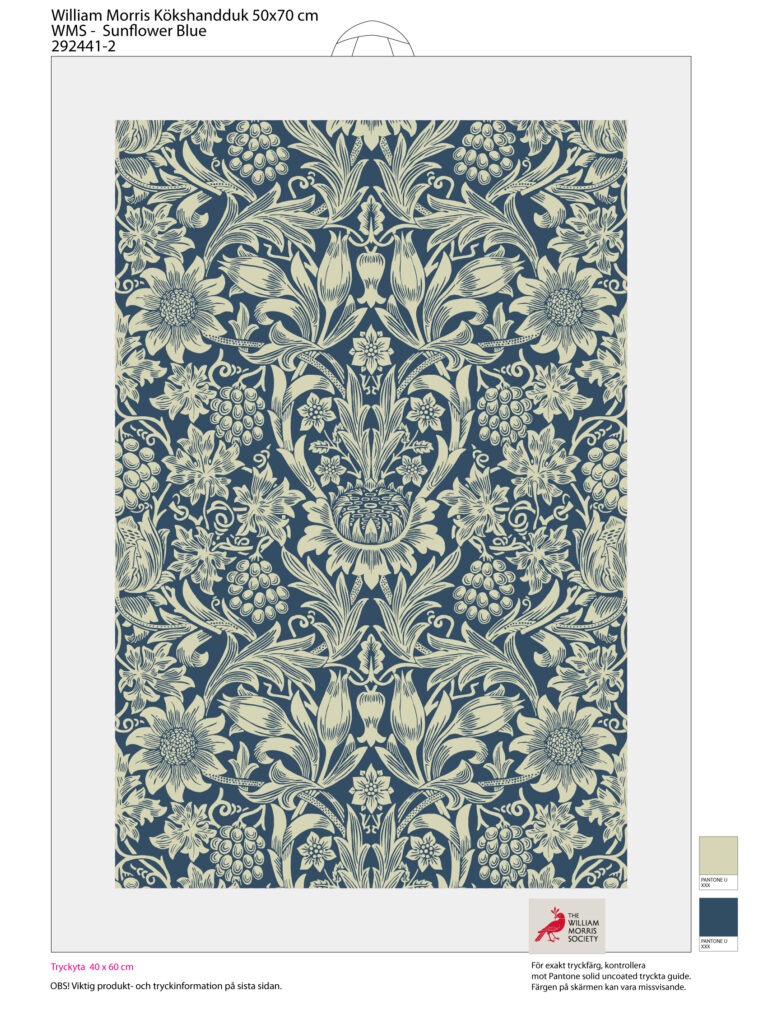 kökshandduk med tryck William Morris sunflower blue/beige